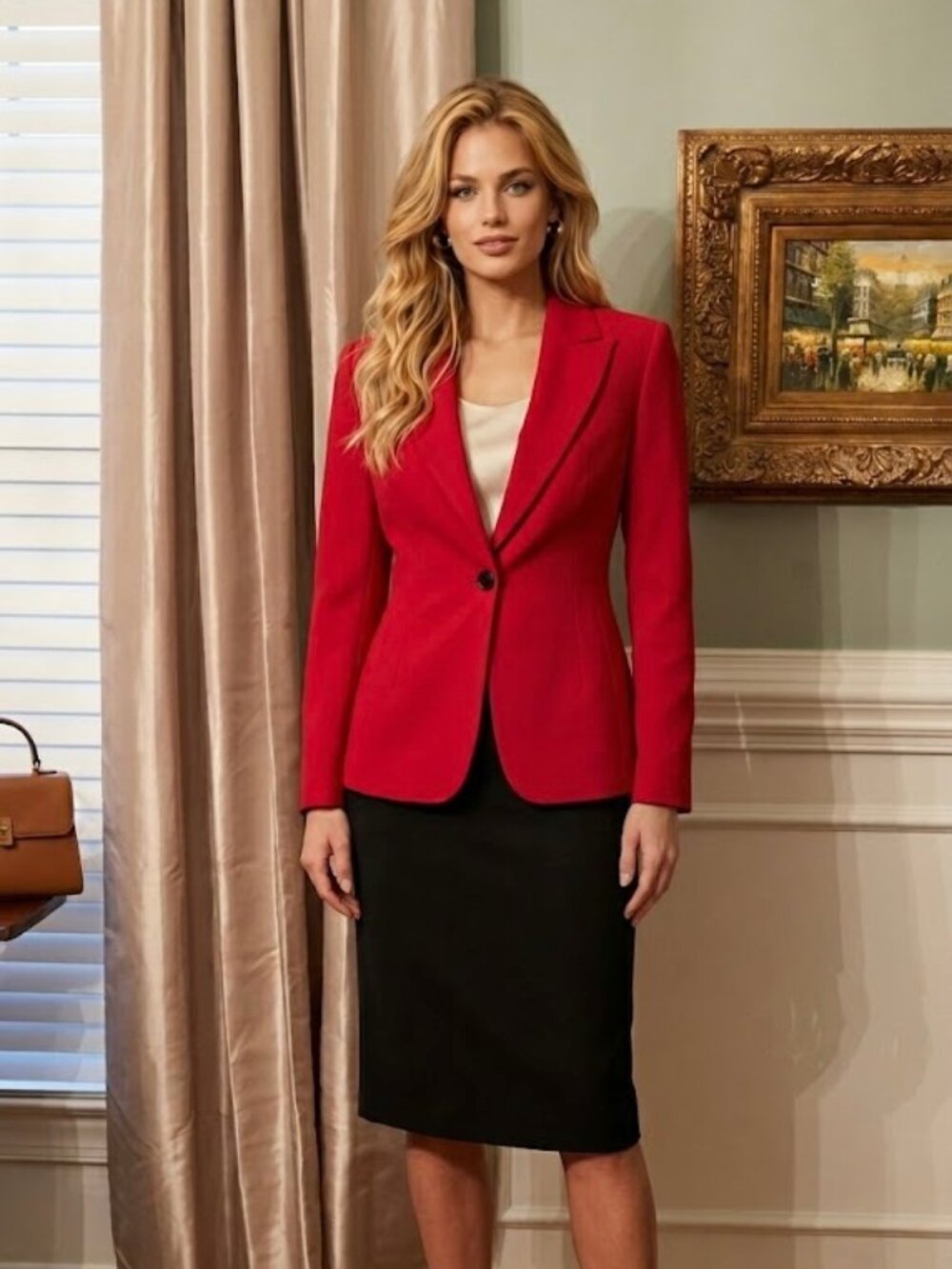 NWOT Women's Kasper Power Suit Petite Red Jacket Blazer 8P Black Skirt 10P